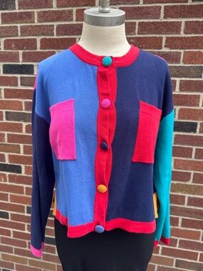 Colorblock Carol Little Button-Up Sweater - Pink/Blue/Teal | Size Small | Cotton